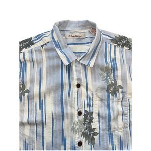 Tommy Bahama Hawaiian‎ Shirt Mens L White & Blue 100% Silk Tropical Leaf Print